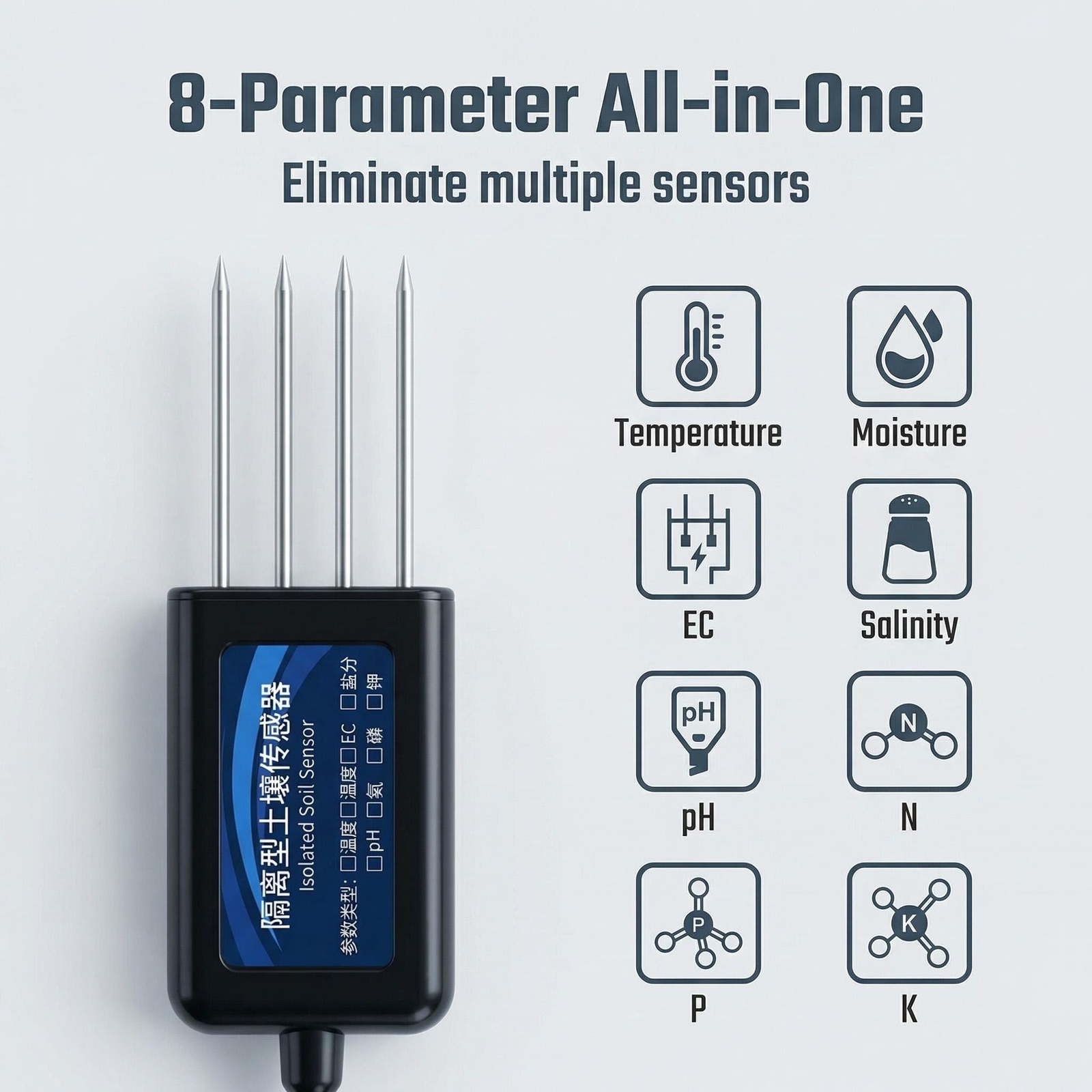 OHTS1020 soil sensor eight parameter all-in-one monitoring capabilities for temperature moisture EC salinity pH nitrogen phosphorus potassium