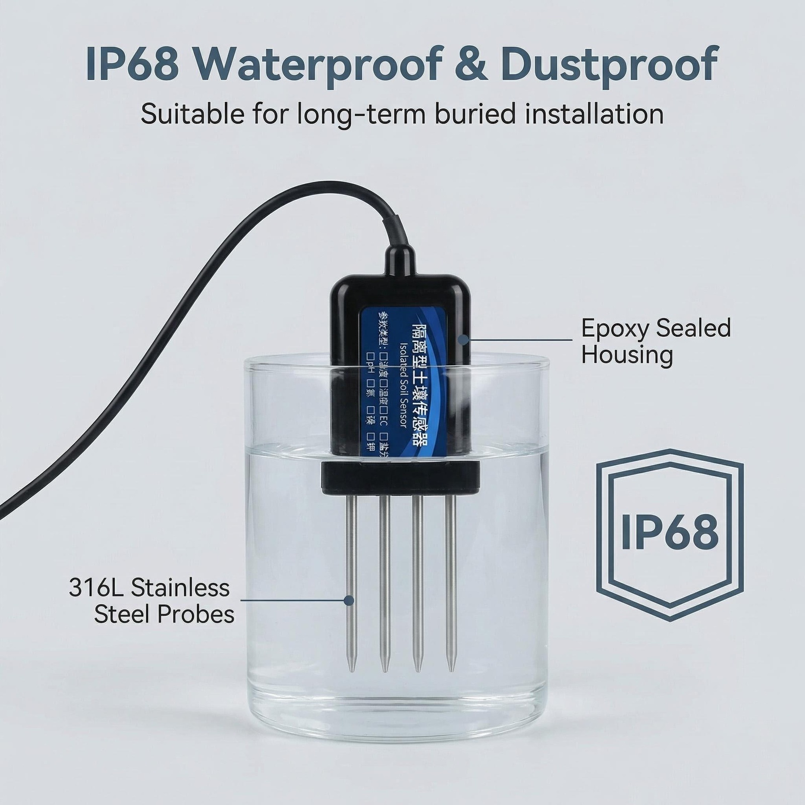 OHTS1020 soil sensor IP68 waterproof and dustproof rating with 316L stainless steel probes and epoxy sealed housing