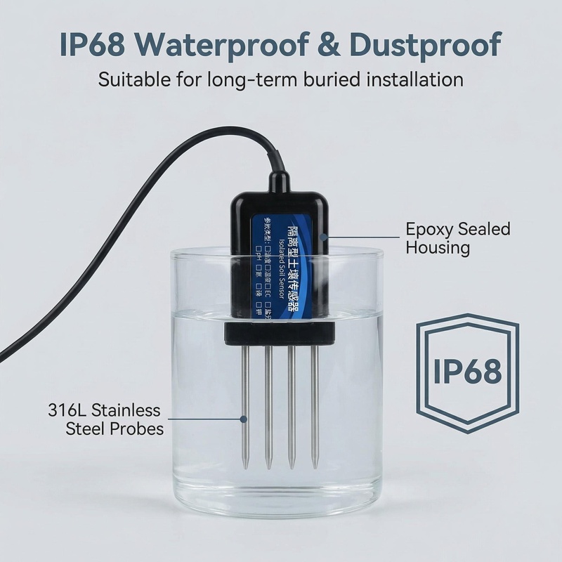 OHTS1020 soil sensor IP68 waterproof and dustproof rating with 316L stainless steel probes and epoxy sealed housing