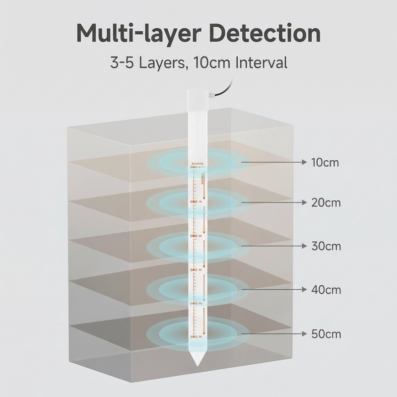 Multi-layer detection diagram illustrating 3-5 layer soil monitoring capability with 10cm interval spacing at depths of 10cm, 20cm, 30cm, 40cm, and 50cm