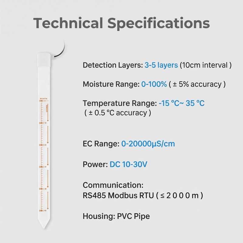 Technical specifications infographic displaying detection layers, moisture range 0-100%, temperature range -15 to 35°C, EC range 0-20000μS/cm, DC 10-30V power, RS485 Modbus RTU communication, and PVC pipe housing