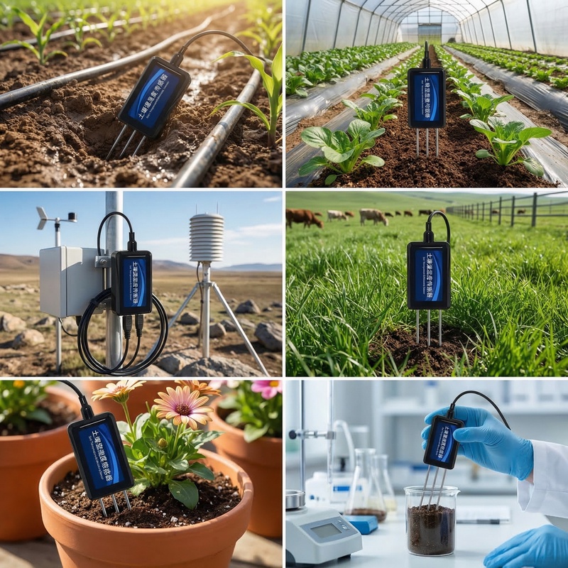 OHTS1022 soil sensor multi-scene application collage showing agricultural irrigation, greenhouse cultivation, meteorological monitoring, pasture management, potted plants, and scientific research laboratory use