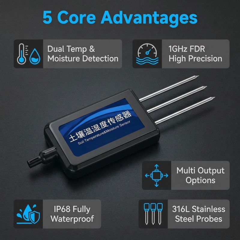 OHTS1022 soil moisture and temperature sensor with five core advantages infographic including dual temp moisture detection, 1GHz FDR precision, multi output options, IP68 waterproof, and 316L stainless steel probes