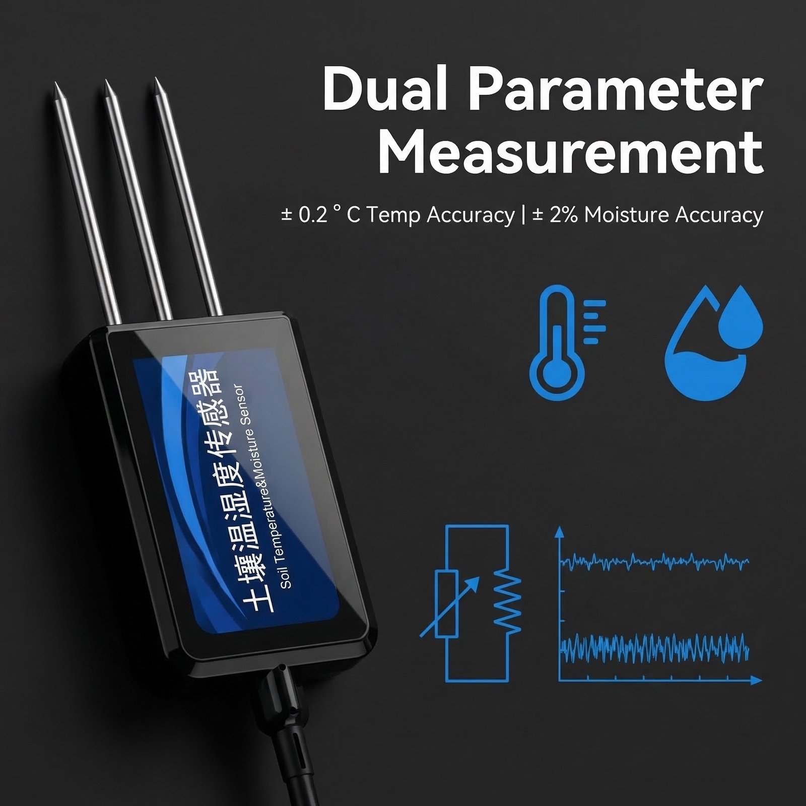 OHTS1022 dual parameter measurement feature highlighting ±0.2°C temperature accuracy and ±2% moisture accuracy with FDR technology