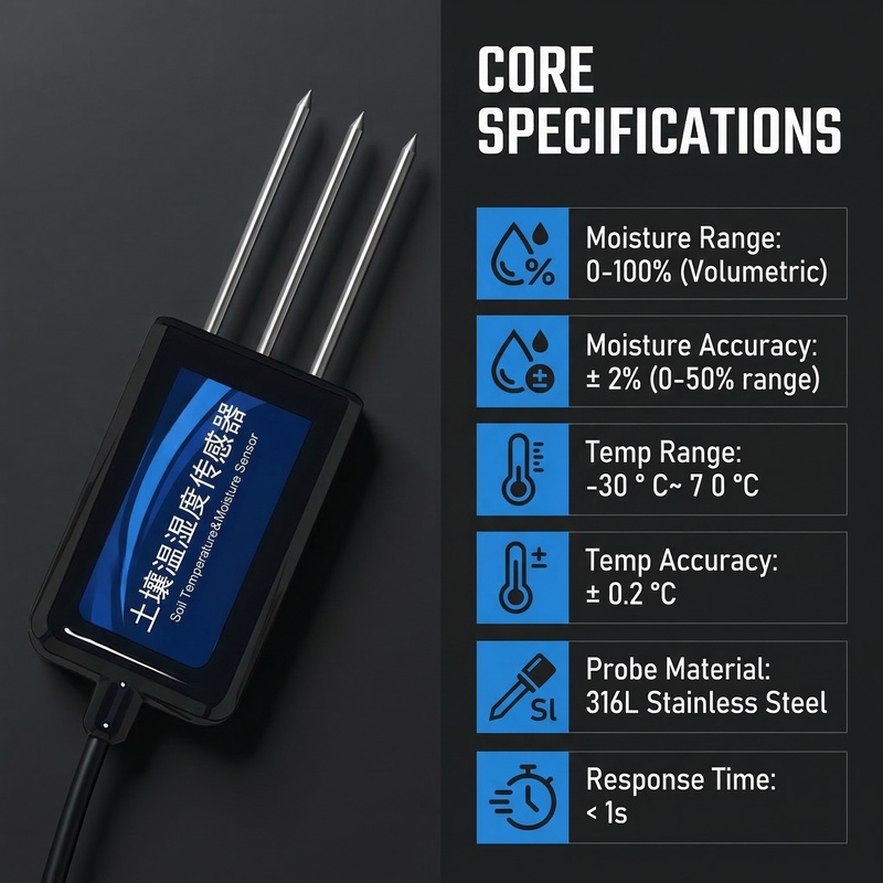 OHTS1022 core specifications infographic displaying moisture range 0-100%, accuracy ±2%, temperature range -30 to 70°C, accuracy ±0.2°C, and 316L stainless steel probe material