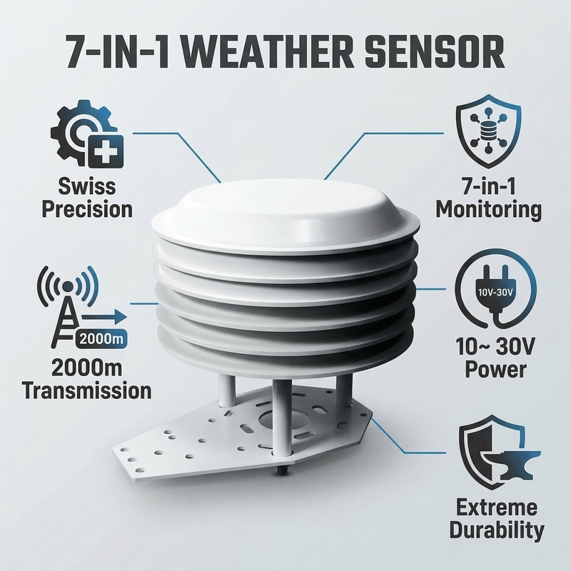 OHTS1050 core advantages overview highlighting Swiss precision 7-in-1 monitoring 2000m transmission distance and 10-30V wide voltage power supply
