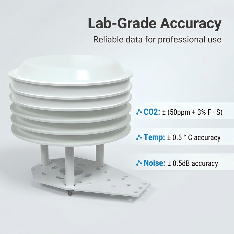 OHTS1060 lab-grade accuracy specifications showing CO2 temperature and noise measurement precision data