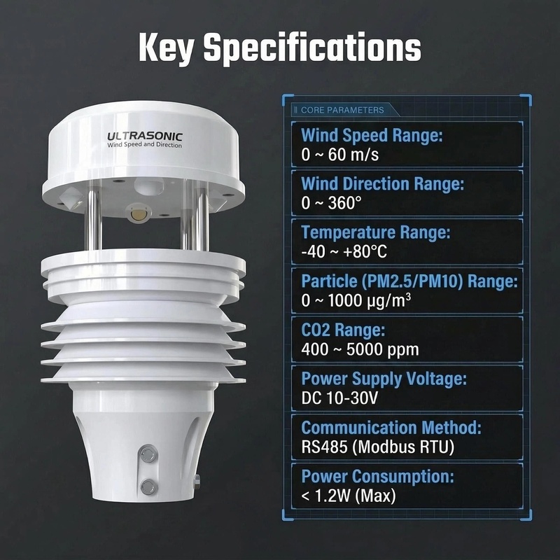OHTS1070 Ultrasonic Weather Station key technical specifications including wind speed range 0-60m/s, wind direction 0-360 degrees, temperature -40 to +80C, PM2.5/PM10, CO2 range, DC power supply 10-30V and RS485 Modbus RTU communication interface