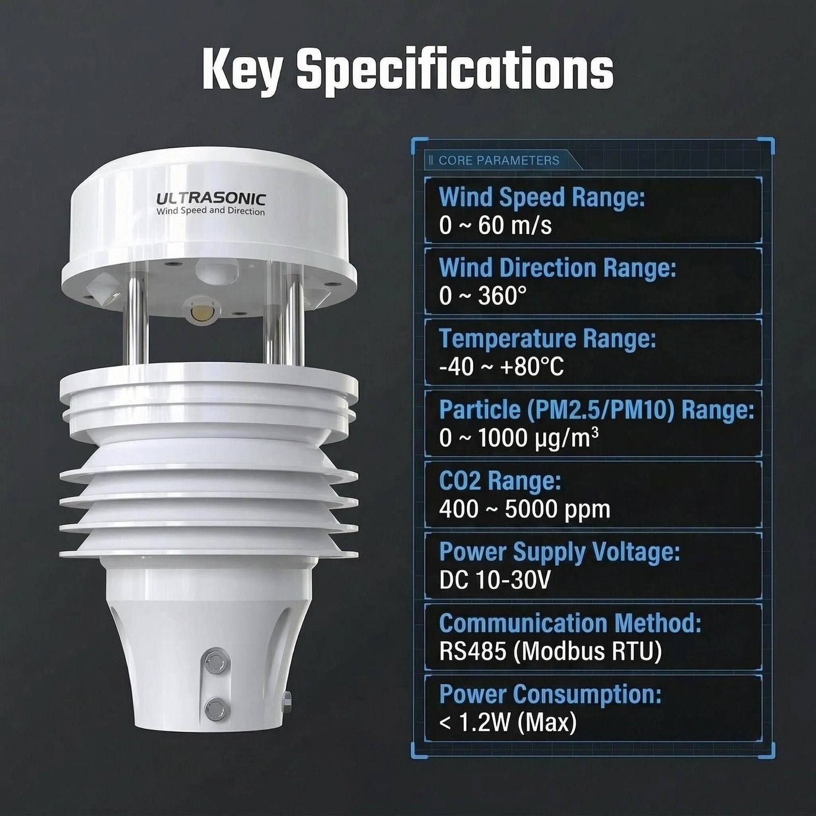 OHTS1070 Ultrasonic Weather Station key technical specifications including wind speed range 0-60m/s, wind direction 0-360 degrees, temperature -40 to +80C, PM2.5/PM10, CO2 range, DC power supply 10-30V and RS485 Modbus RTU communication interface