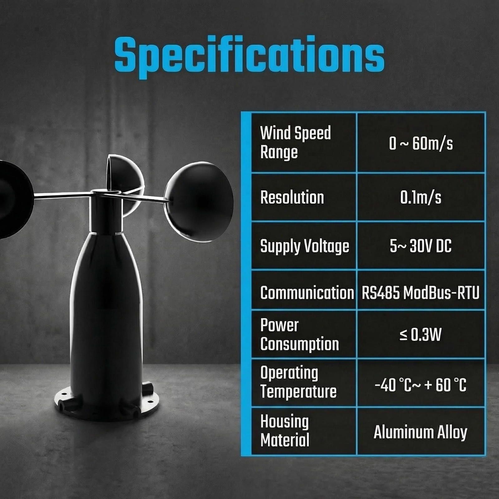 OHTS1080 RS485 Wind Speed Sensor Technical Specifications - Measurement Range 0-60m/s