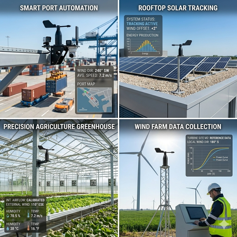 OHTS1090 Wind Direction Sensor Application Scenarios - Smart Port Automation, Rooftop Solar Tracking, Precision Agriculture Greenhouse and Wind Farm Data Collection