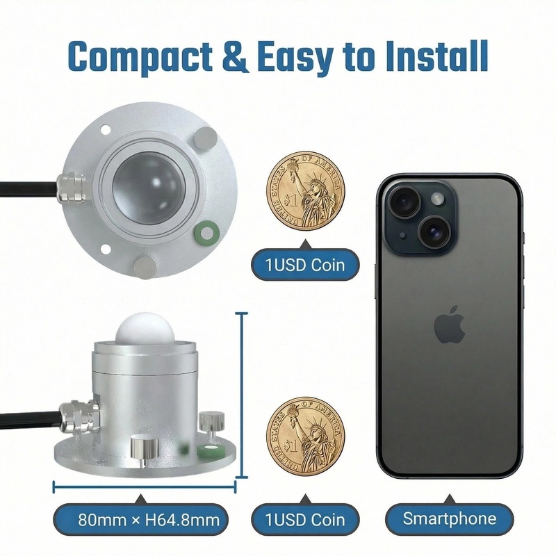 OHTS1091 compact size dimension comparison with smartphone and USD coin showing 80mm diameter and 64.8mm height specifications