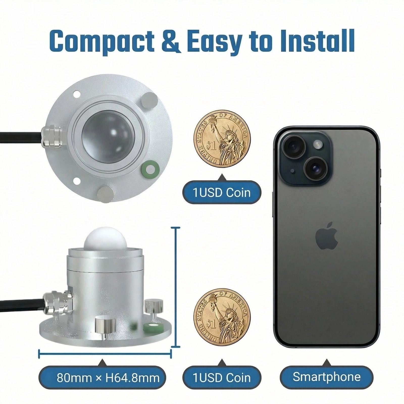 OHTS1091 compact size dimension comparison with smartphone and USD coin showing 80mm diameter and 64.8mm height specifications