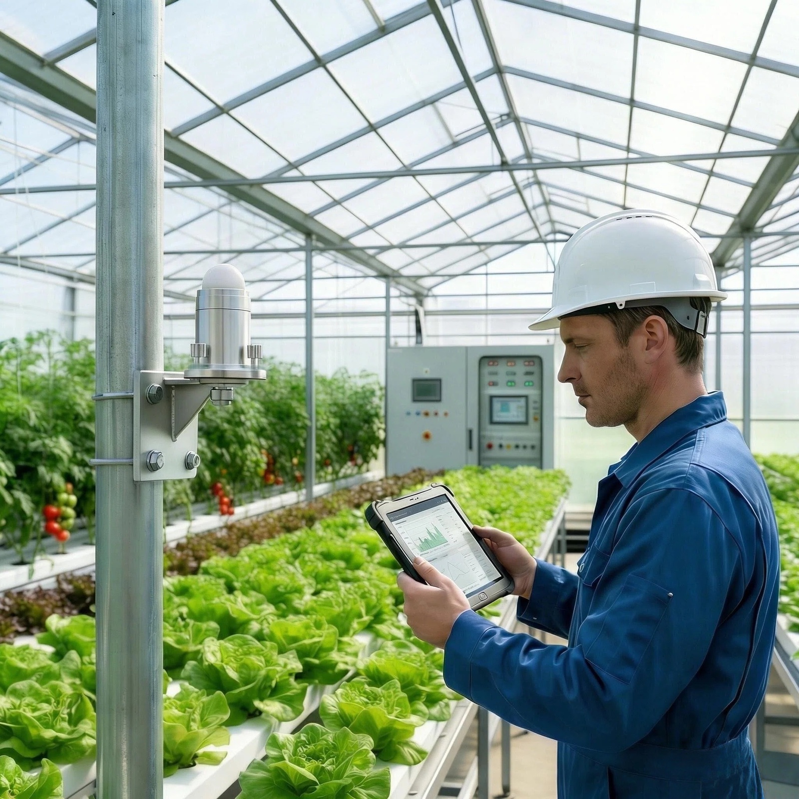 OHTS1091 installed in agricultural greenhouse environment with engineer monitoring illumination data via tablet device