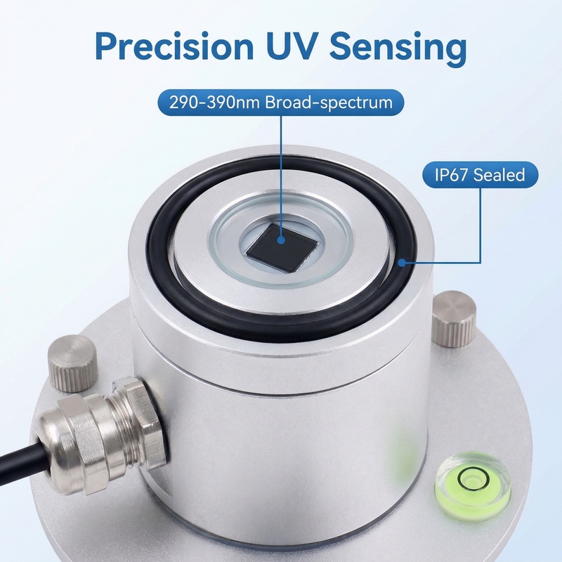 OHTS1092 UV transmitter photodetector window close-up showing 290-390nm broad-spectrum sensor and IP67 sealed construction