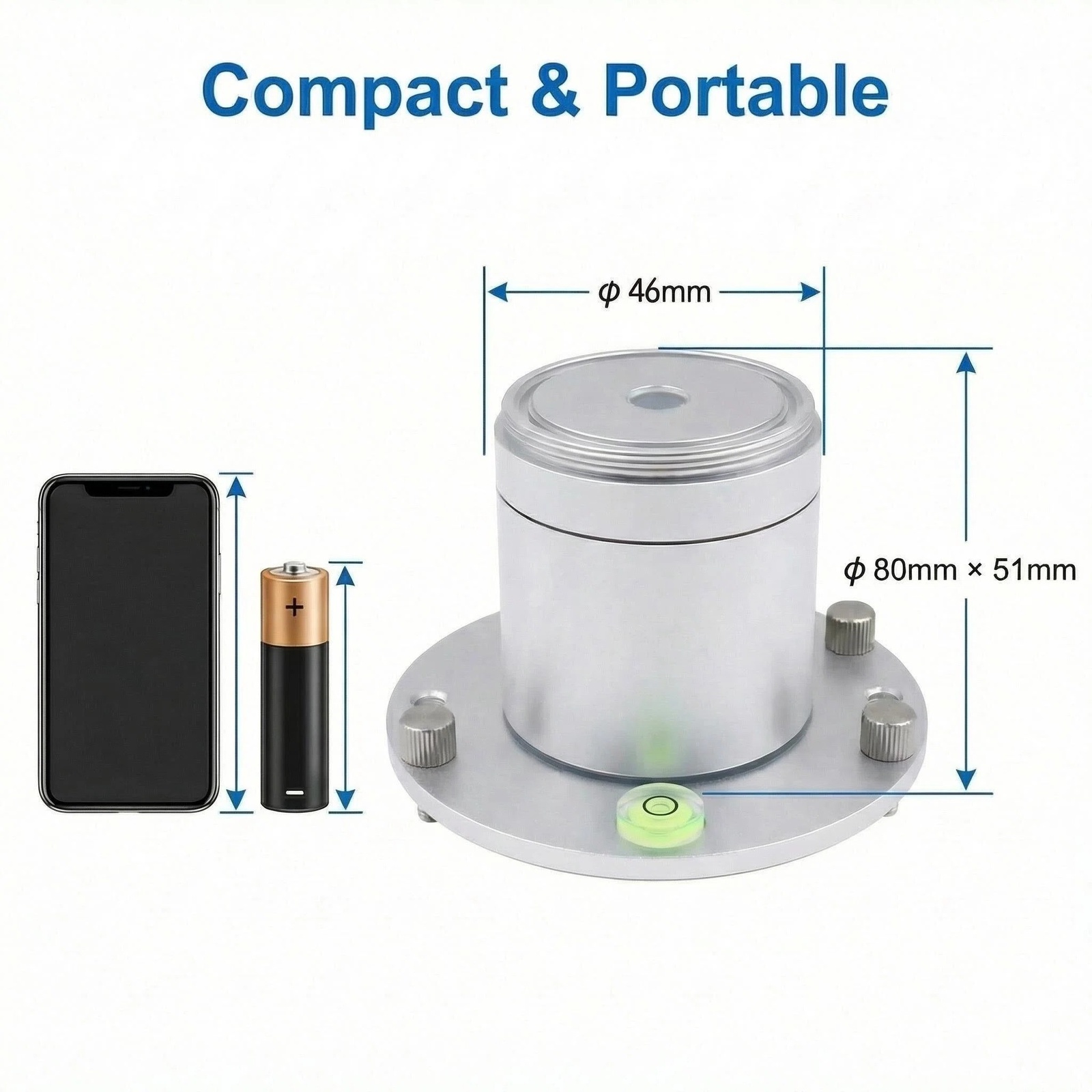 OHTS1092 compact size dimensions comparison with smartphone and battery showing 80mm diameter base 46mm diameter sensor body and 51mm height