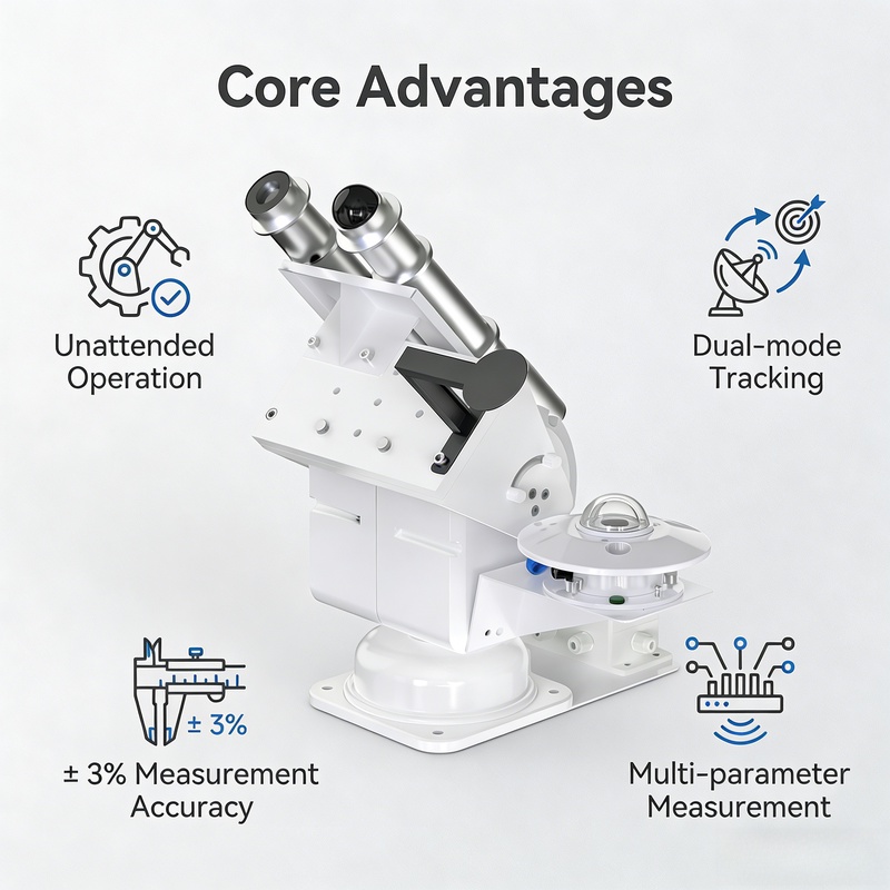 OHTS1093 core advantages overview featuring dual-mode tracking unattended operation and 3 percent measurement accuracy