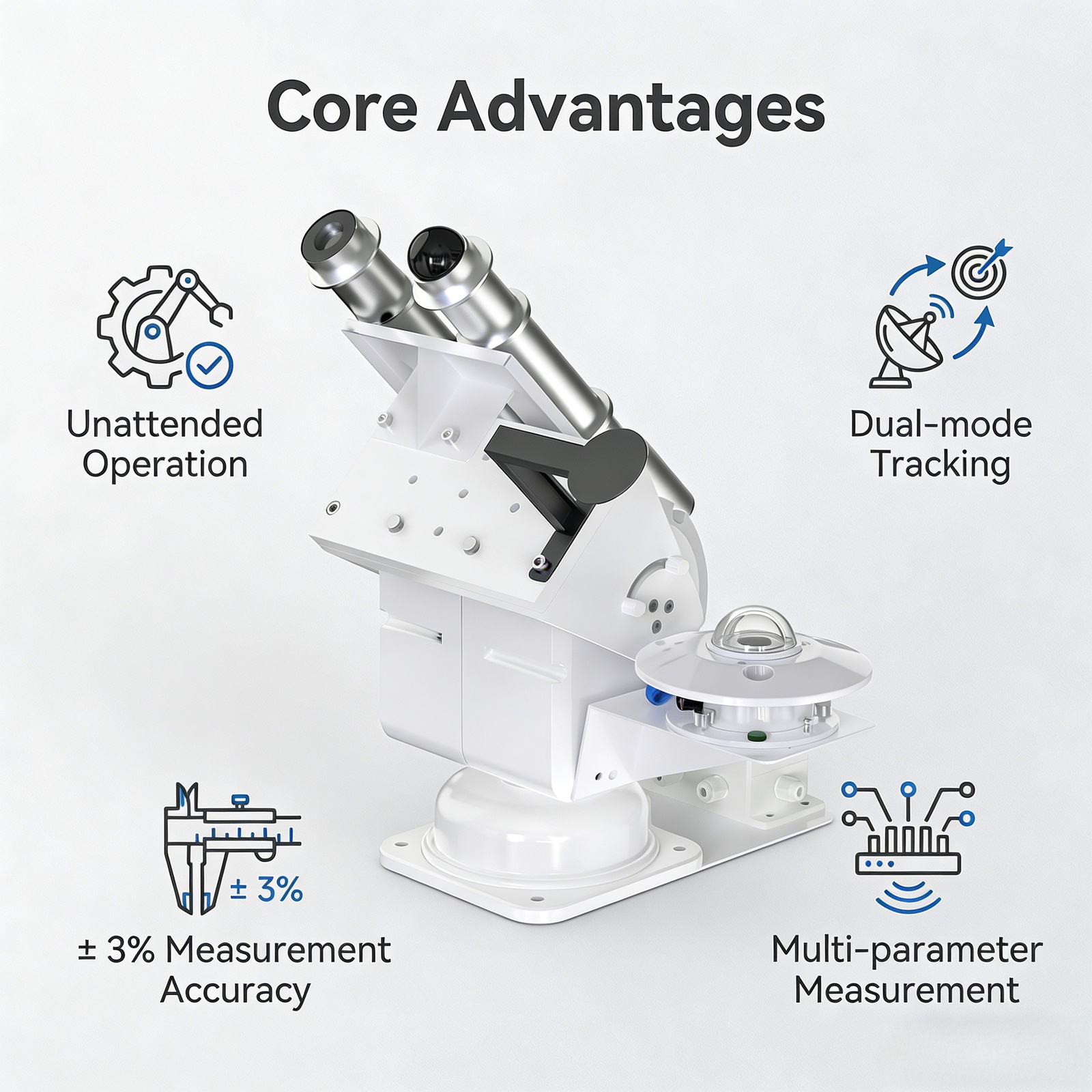 OHTS1093 core advantages overview featuring dual-mode tracking unattended operation and 3 percent measurement accuracy