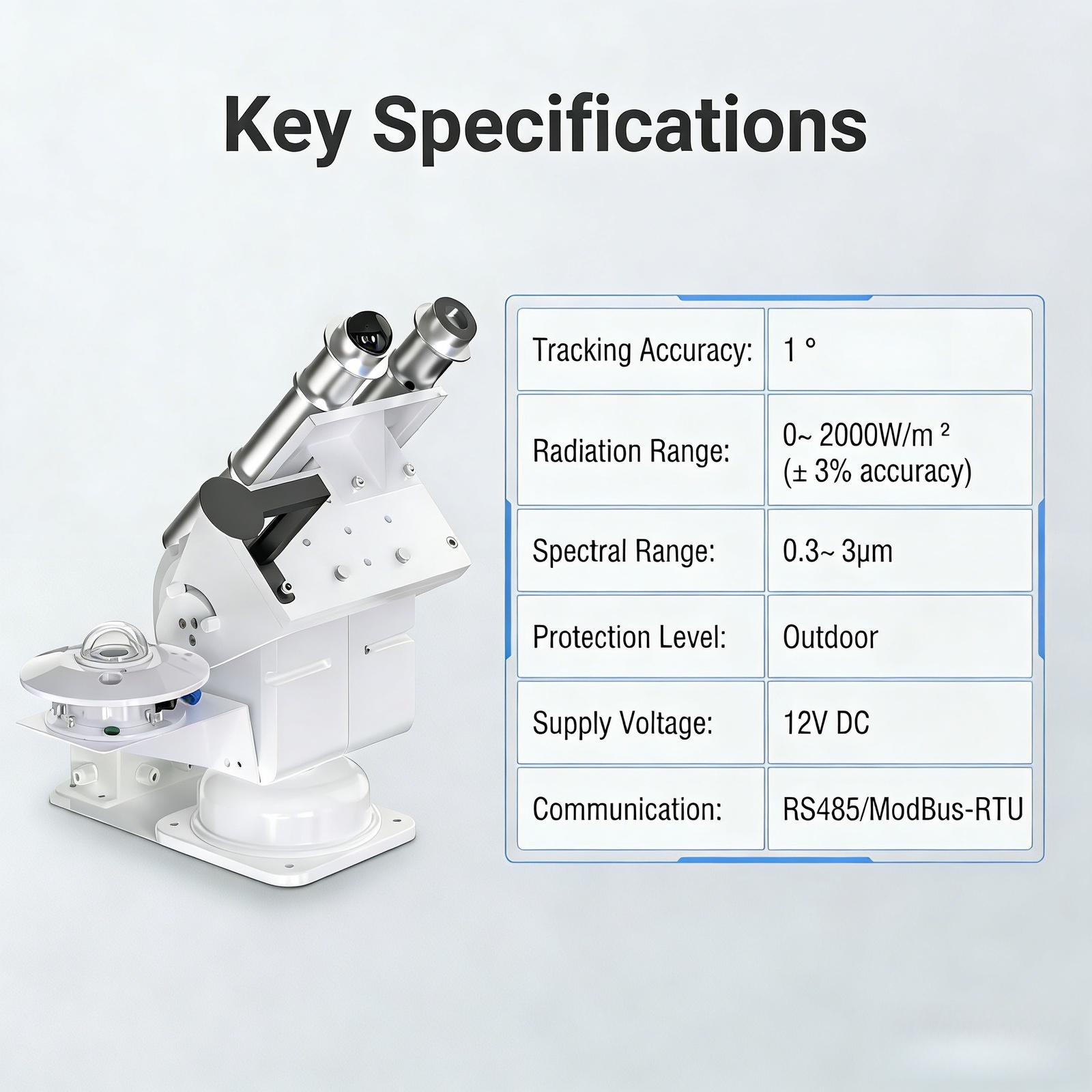 OHTS1093 key technical specifications table including tracking accuracy radiation range and spectral range