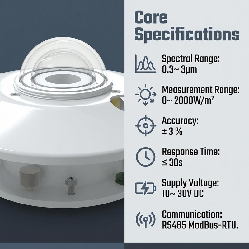 OHTS1095 Pyranometer core specifications chart displaying spectral range 0.3-3μm, measurement range 0-2000W/m², accuracy ±3%, and RS485 ModBus-RTU communication parameters