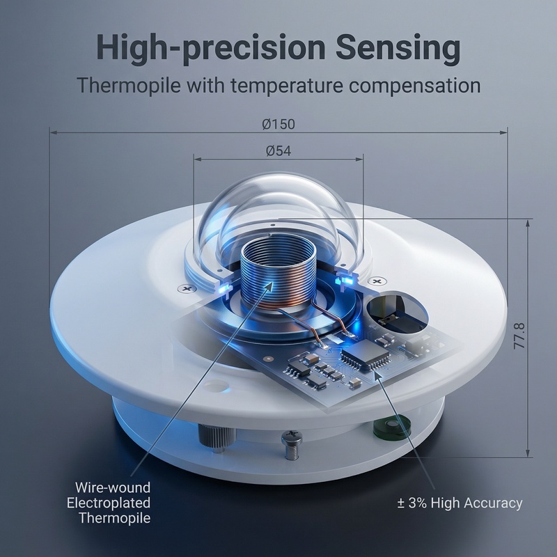 OHTS1095 Pyranometer internal structure diagram showing wire-wound electroplated thermopile sensing element with integrated temperature compensation circuit and high-precision measurement technology