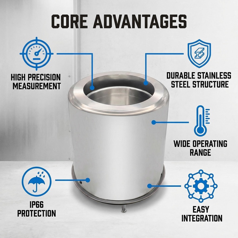 OHTS1098 core advantages overview highlighting high precision measurement, durable stainless steel structure, IP66 protection, wide operating range and easy RS485 integration