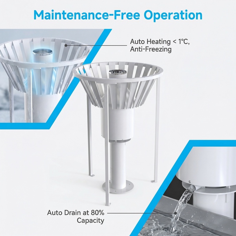 OHTS1099 Weighing Rain Gauge - Intelligent auto-heating below 1C and auto-drainage at 80 percent capacity