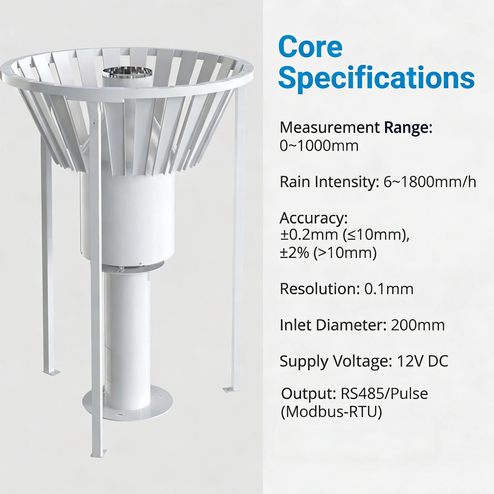 OHTS1099 Weighing Rain Gauge - Core specifications display with measurement range and technical parameters