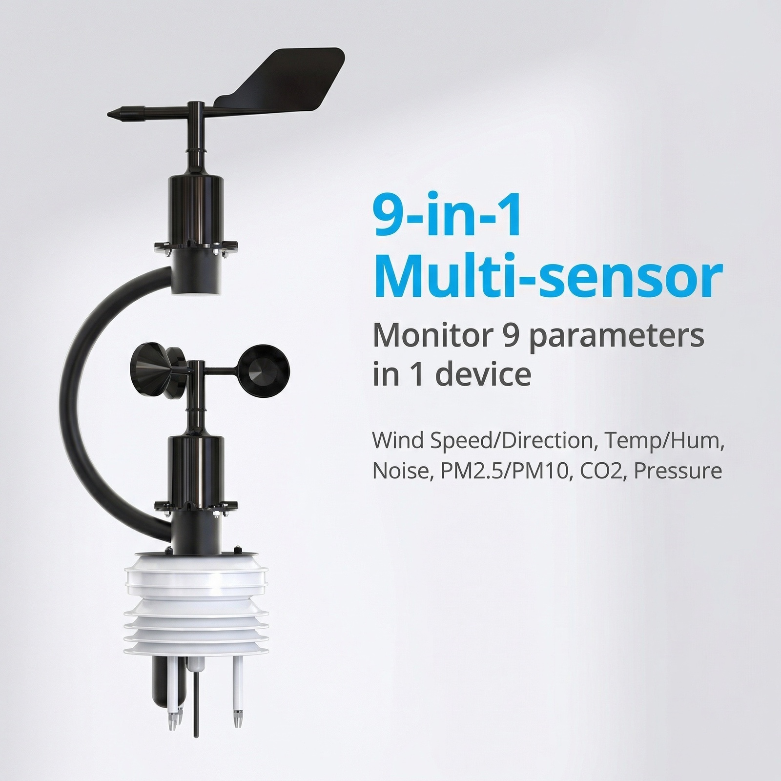 OHTS1123 9-in-1 multi-sensor integration featuring wind speed direction temperature humidity noise PM2.5 PM10 CO2 and atmospheric pressure measurement capabilities