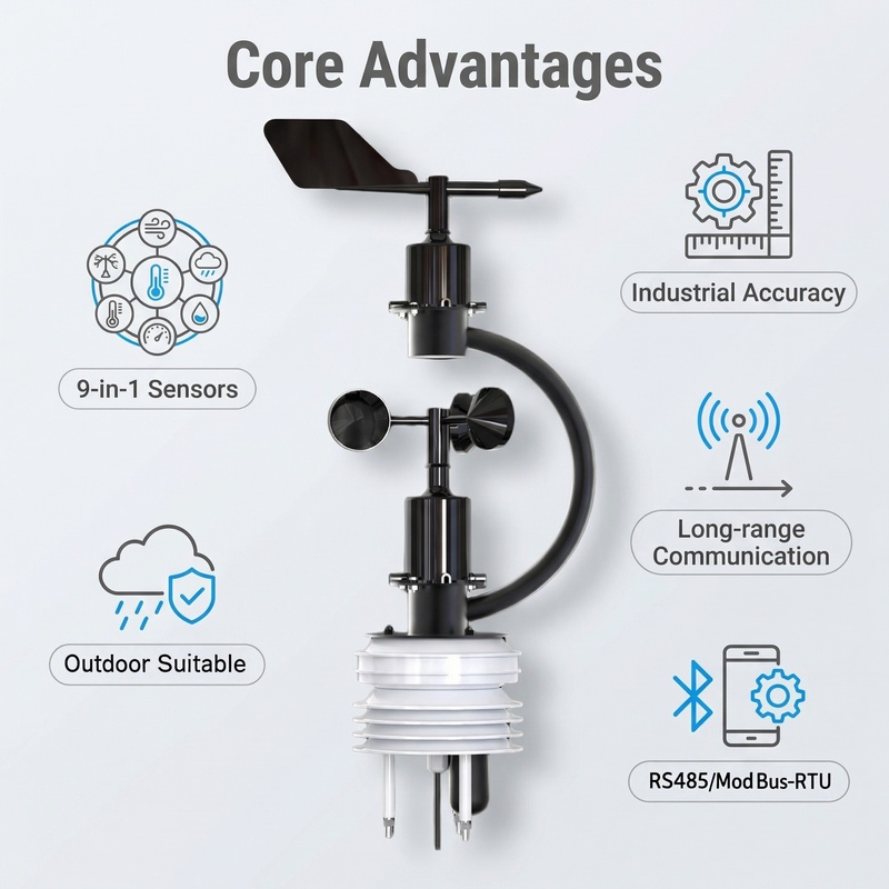 OHTS1123 core advantages overview including 9-in-1 sensors industrial accuracy outdoor suitable design and long-range communication capabilities
