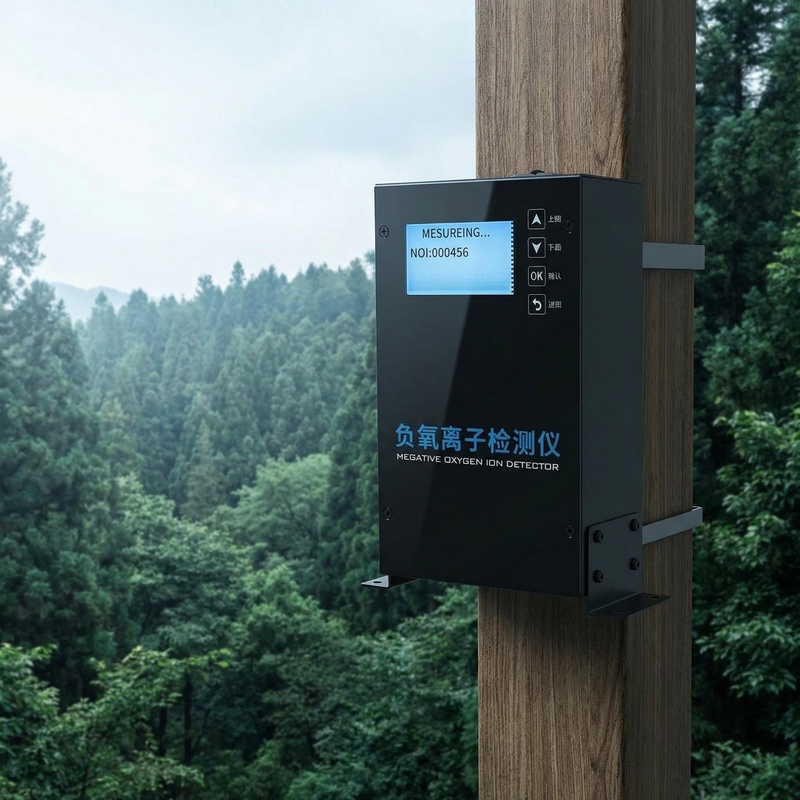 OHTS1124 mounted on wooden pole in forest environment for outdoor ecological monitoring and ambient air quality assessment