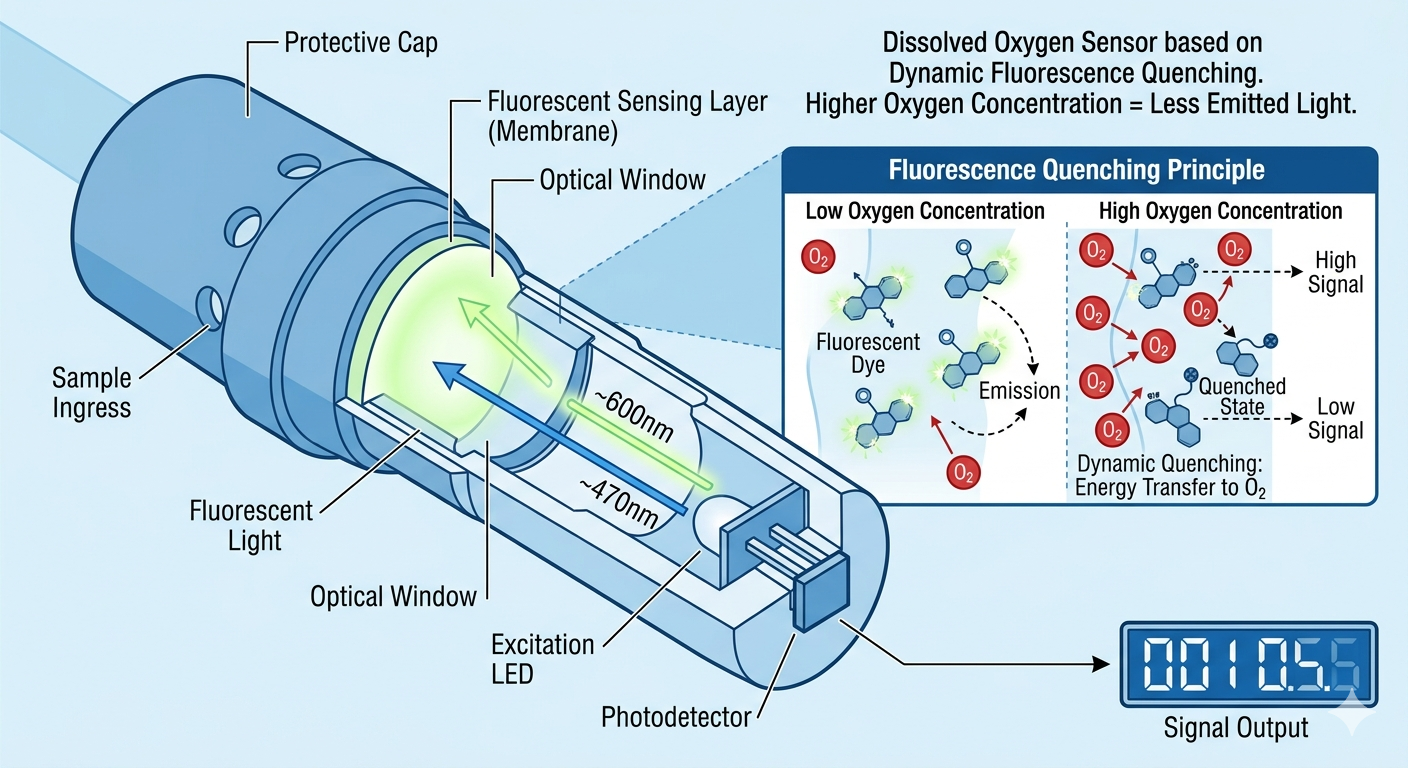 Optical fluorescence quenching measurement principle for dissolved oxygen detection