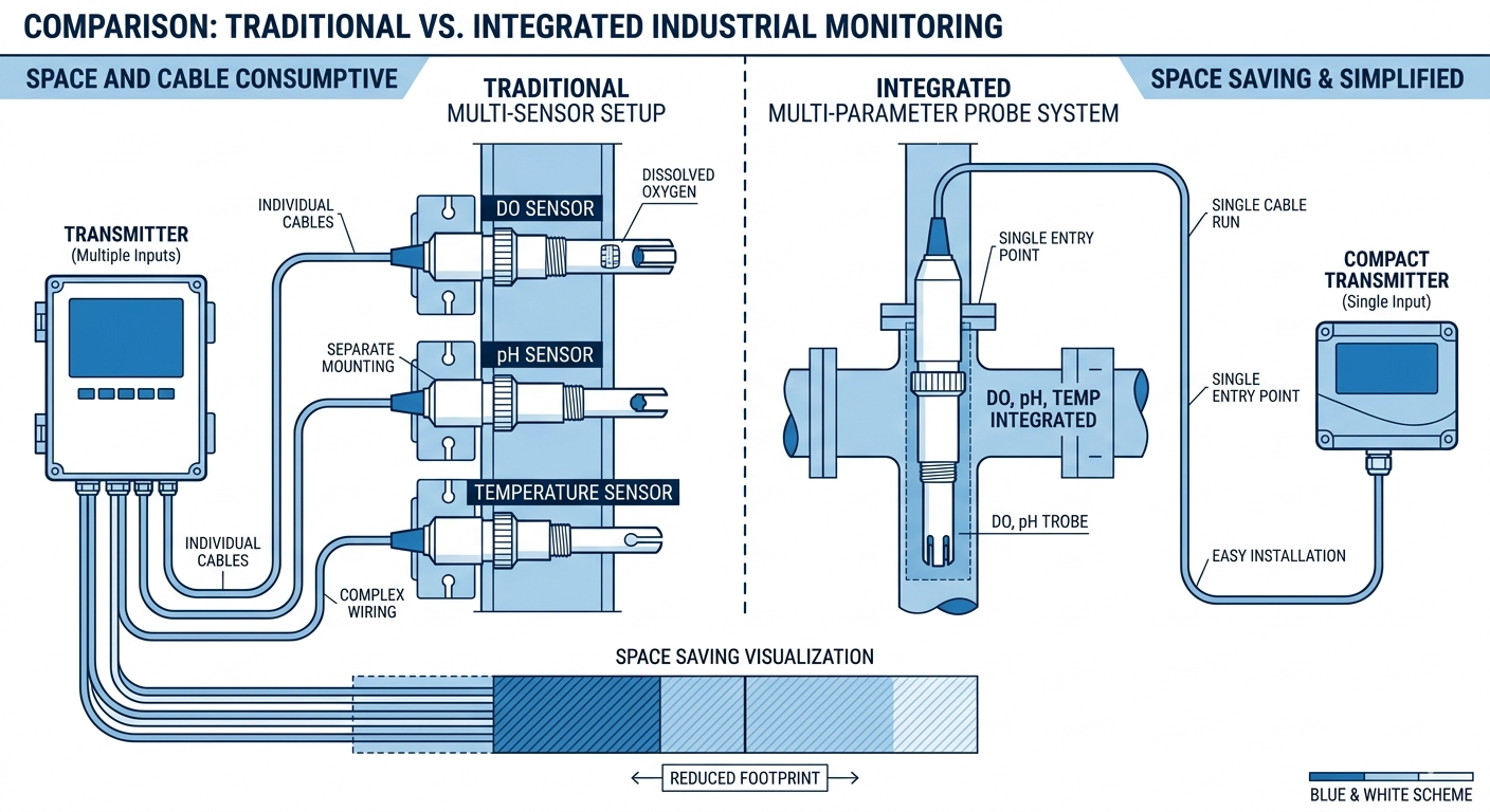 Traditional multi-sensor setup versus integrated OHTS1031 monitoring solution comparison