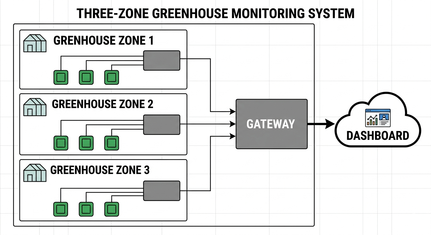 Simple schematic showing three greenhouse zones, each with multiple soil sensors wired to a gray gateway box, then a single line connecting to a cloud icon labeled “Dashboard”