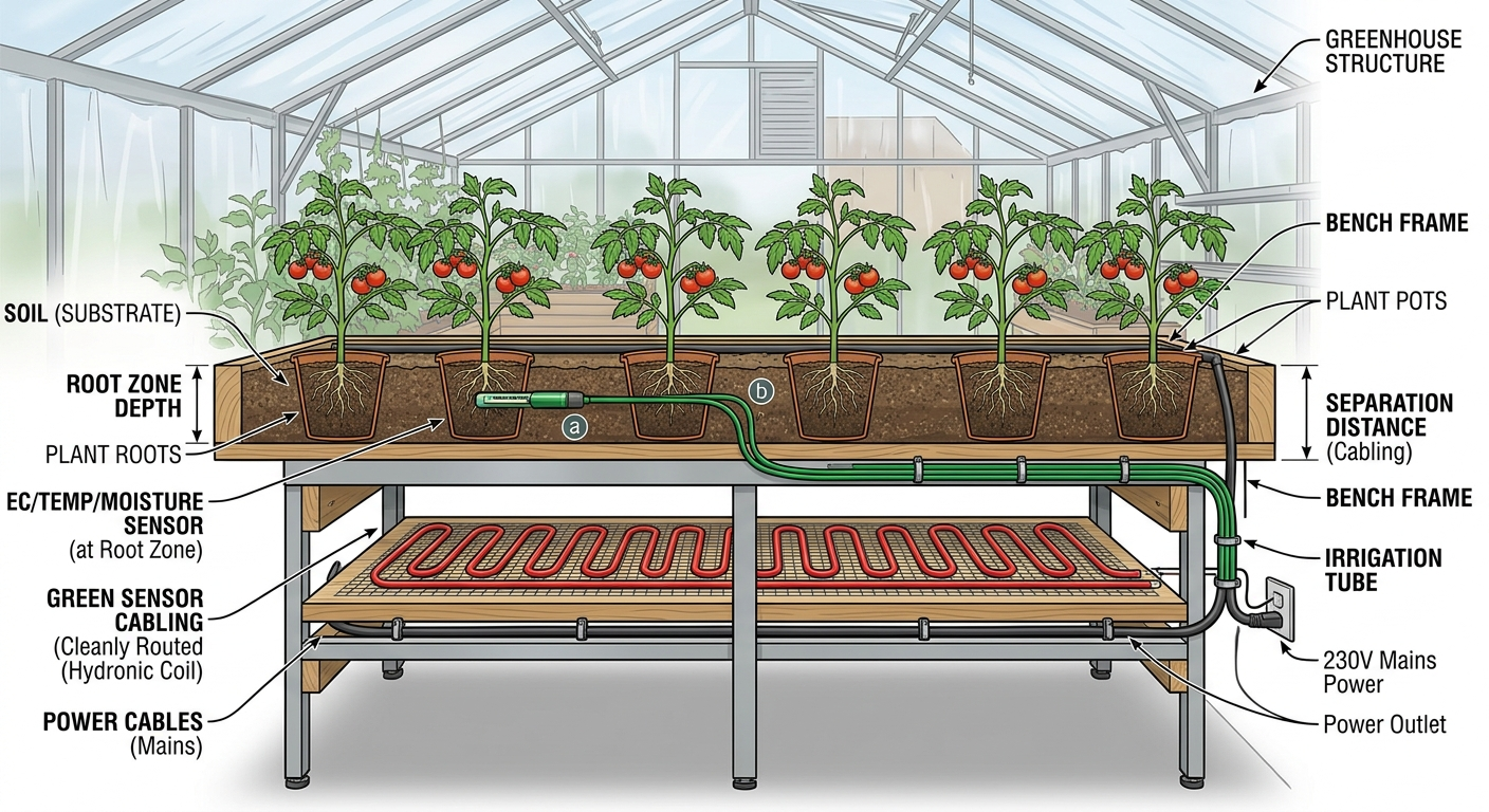 Cross-section diagram of a greenhouse bench showing sensor placement at root zone depth, with cabling routed cleanly away from heating elements and power cables