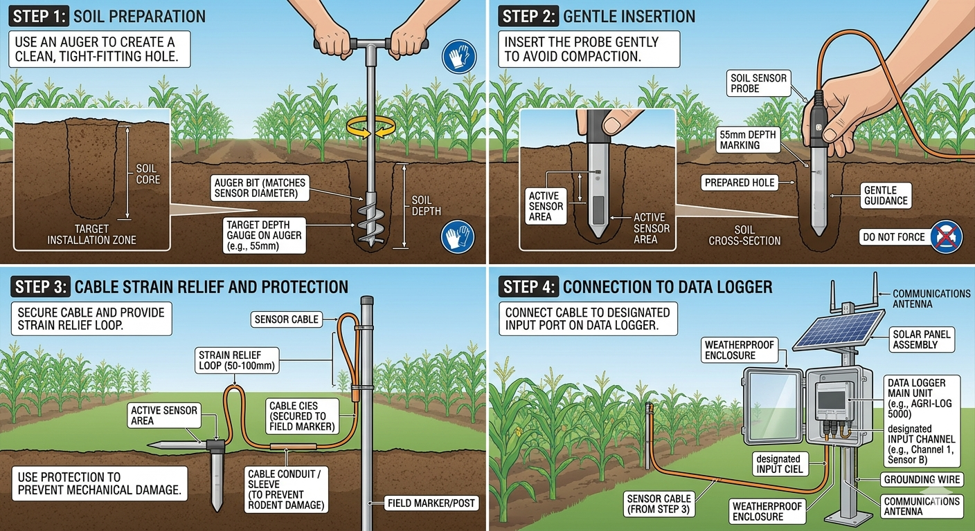 Soil sensor installation and deployment process in agricultural field